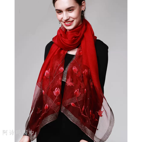 Embroidered Scarf Women‘s Artificial Silk Scarf Scarf Autumn and Winter Blended Soft Silk Nitrile High-End Wholesale Shawl for Elder Mothers