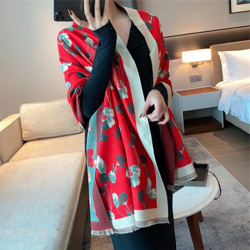 New Oil Painting Rose Scarf for Women 350G Thick Warm Scarf 65*190 Imitation Cashmere Shawl Wholesale High-End