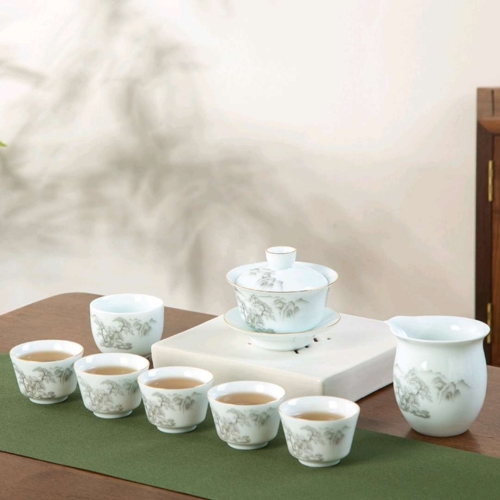 jingdezhen ceramic tea set opening gift kung fu tea set wholesale printed logo home celadon glaze tureen gift box
