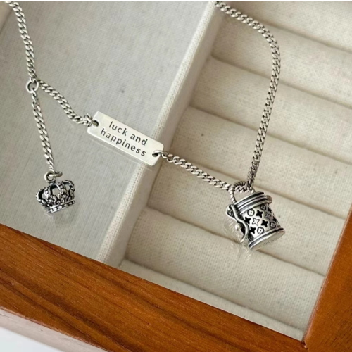Limited Edition S925 Sterling Silver Flower Bucket Bag Crown Pendant Necklace Valentine‘s Day Gift for Lovers