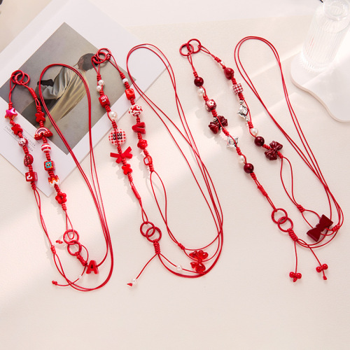 新款国潮红色爱心蝴蝶结手机链手机壳挂绳新年串珠手链小礼品
