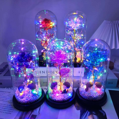 factory direct sales cross-border hot colorful eternal life gold-foil roses glass cover couple small night lamp creative gifts