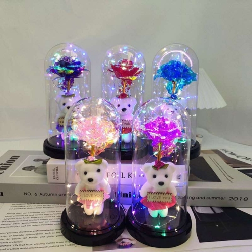 factory direct sales cross-border hot colorful eternal gold foil bear rose glass cover small night lamp creative gift