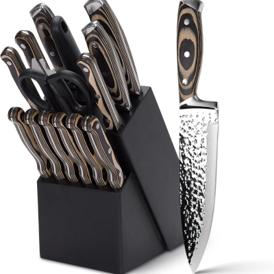 Premium 15 Pieces wooden Block Hammer Blade Stainless Steel 6Pcs Steak Knives Chef Carving Bread Kitchen Knife Set