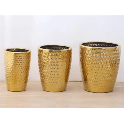 Gold-Plated Ceramic Flower Pot Combination Corrugated Kit Flowers Green Plant Decoration Floor Ornaments Home Decoration Ceramic Flower Pot