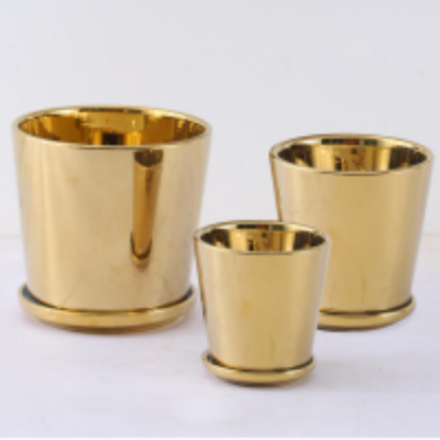 Ceramic Flower Pot with Tray Gold-Plated Silver-Plated Bright Surface Three-Piece Set Combination Flowerpot Decoration Decoration Flowers Green Plant Decoration