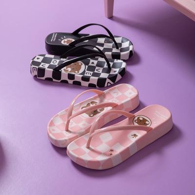 [Price Can Be Discussed] New Women's Summer Internet Celebrity Stylish Flip-Flops Cartoon Plaid Thick Bottom Non-Slip Waterproof Beach
