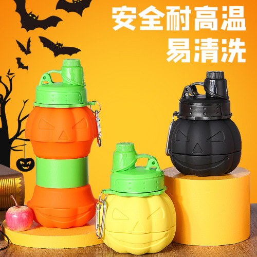 in stock halloween pumpkin retractable silicone cup cross-border outdoor folding sports kettle water bottle