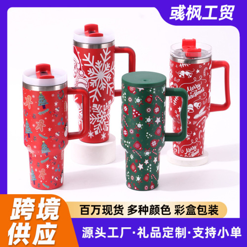 5d creative christmas 40oz handle cup 304 stainless steel straw large ice cup in-car thermos wholesale