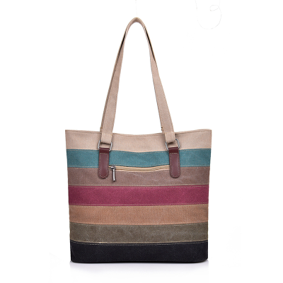 Large Capacity Color Contrast Patchwork Canvas Bag Simple Fashion New Women's Shoulder Bag Striped Handbag Commuter Casual Bag