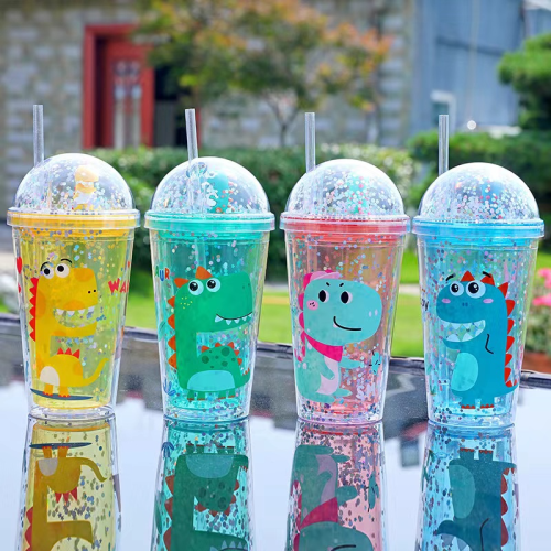cartoon children cute dinosaur student doll milk tea cup with straw gift plastic cup sports bottle cup