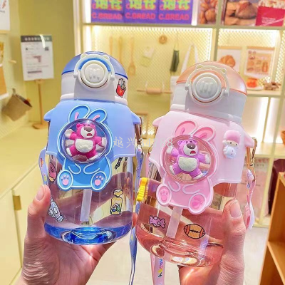 Children Doll Water Cup strawberry bear plastic cup students cute straw cup baby fall prevention portable backpack kettle