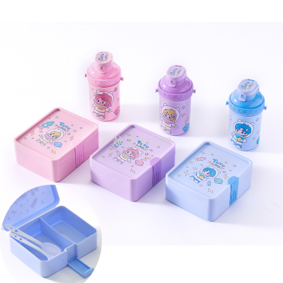Rectangur Cartoon Pstic Lunch Box Tape Tableware Cup with Straw Suit Children's Lunch Box Cup Suit