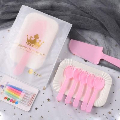 Cake Tableware Disposable Knife and Fork Disk Set Creative Cake Tableware Birthday Party Cake Fork Pte Set