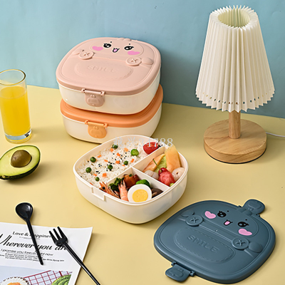 Children's Square Divided Lunch Box Cute Good Rabbit Shape Lunch Box Portable Heated Bento Box with Tableware