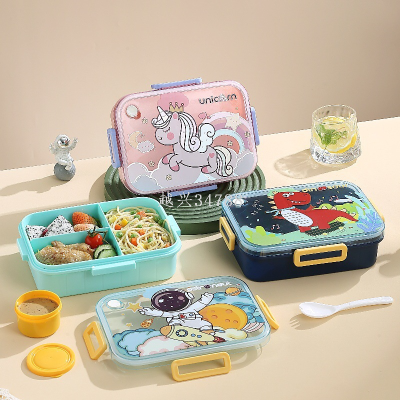 Cartoon Tee-Grid Lunch Box with Spoon Sad Bowl Sealed Bento Fresh Lunch Box Microwaveable Heating