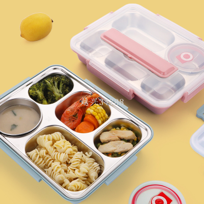 304 Stainless Steel Divided Lunch Box Thermal Lunch Box Five Grids Free Tableware to-Go Box Student Bento Box