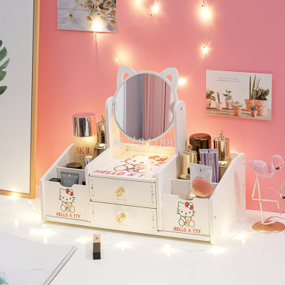  Ear with Drawer Makeup Mirror Desktop Desktop with Storage Wooden Dressing Mirror Student Cartoon Princess Mirror