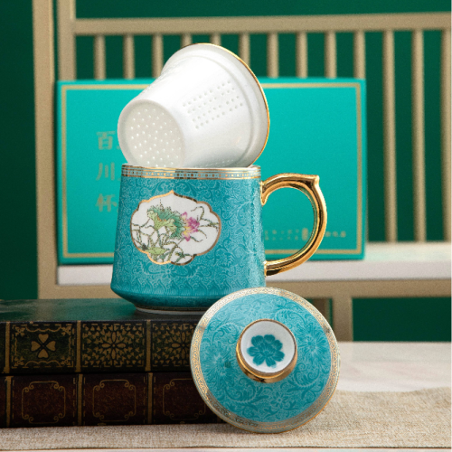 景德镇陶瓷大容量茶水分离带盖过滤家用办公会议描金高端礼品泡茶