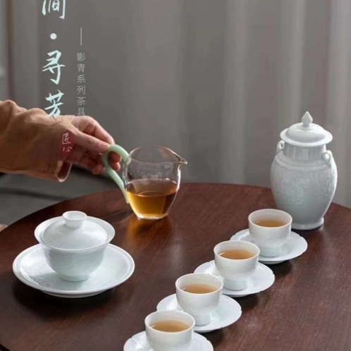 意叁原创影青瓷莲花浮雕纹中式轻奢客厅办公送礼春涧寻芳茶具套组