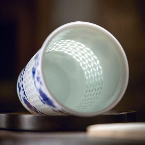 景德镇陶瓷青花玲珑可乐杯马克杯高颜值泡茶杯茶具套装送礼高档杯