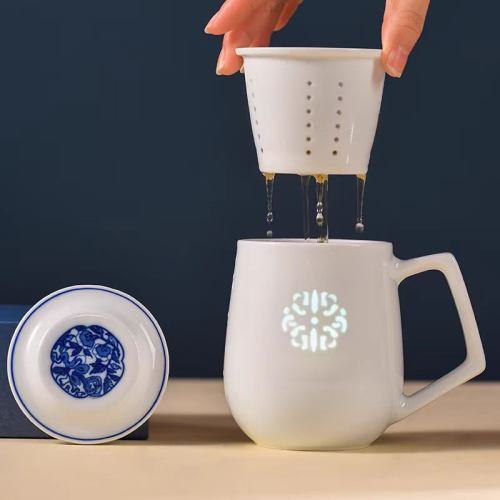 景德镇陶瓷青花玲珑带盖茶水分离茶杯茶具套装办公杯马克杯送礼品