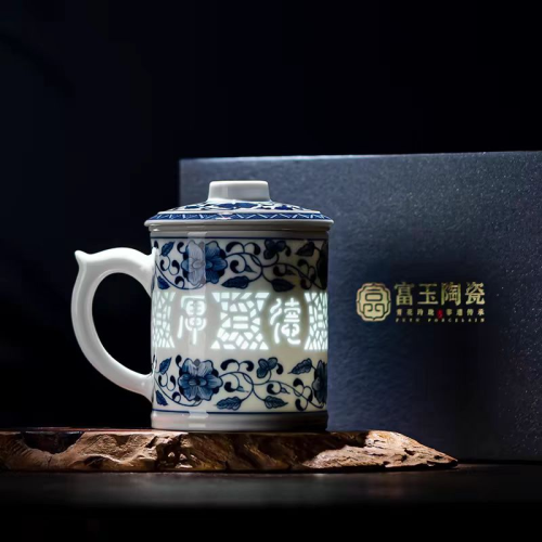 景德镇陶瓷青花玲珑带盖茶水分离茶杯茶具套装办公杯马克杯送礼杯
