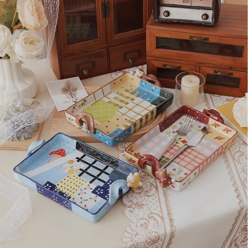 简约创意田园风釉下彩微波炉烤箱专用长方形双耳烤盘芝士烩饭餐盘