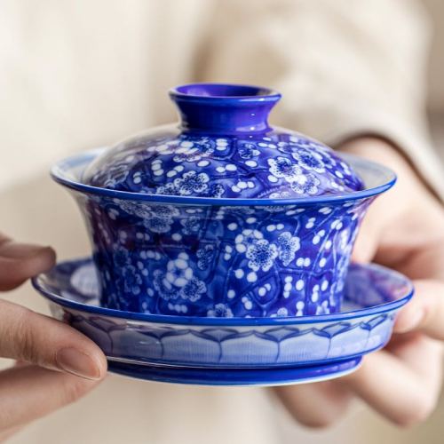 jingde impression blue and white prunus mume gaiwan ceramic household tea brewing bowl tea pot chinese retro kung fu tea teaware
