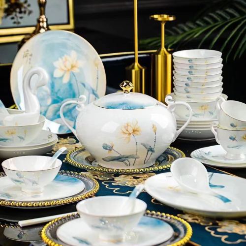jingdezhen bowl and dish set household modern chinese style golden edge high-end tableware set light luxury bone china ceramic bowl and plate