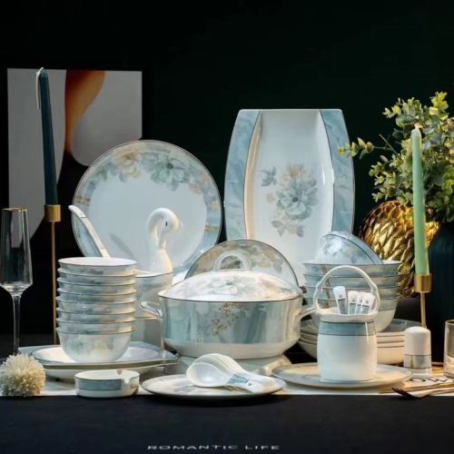 new bone china tableware suit household high-end jingdezhen bowl and dish set full set housewarming bowl and plate combination household