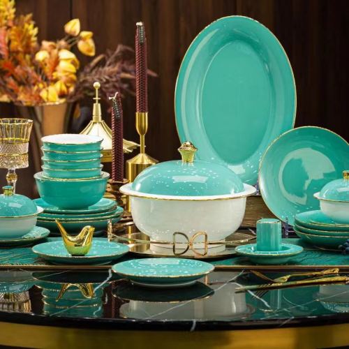 jingdezhen bone china tableware celadon gold painting household bowl dish plate sets light luxury ceramic tableware housewarming gift wholesale