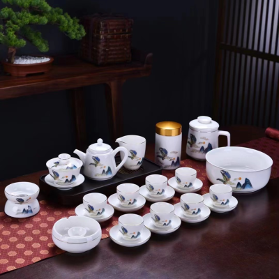 White Jade Kung Fu Tea Set Suit Household Light Luxury Chinese Tea Making Office Reception White Porcelain Cover Teacup