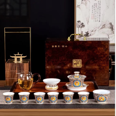 Jingdezhen Enamel Color Ugyen Embossed Gold Manual Painting Golden Double Master National Trendy Style Porcelain Kung Fu Tea Set High-End Gift