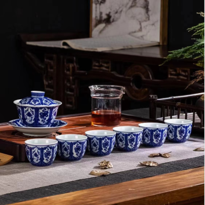 Jingdezhen Fake Antique Blue and White Kung Fu Eight Treasures Tea Set Suit Teapot Heat-Resistant Pitcher Household Minimalist Living Room Office