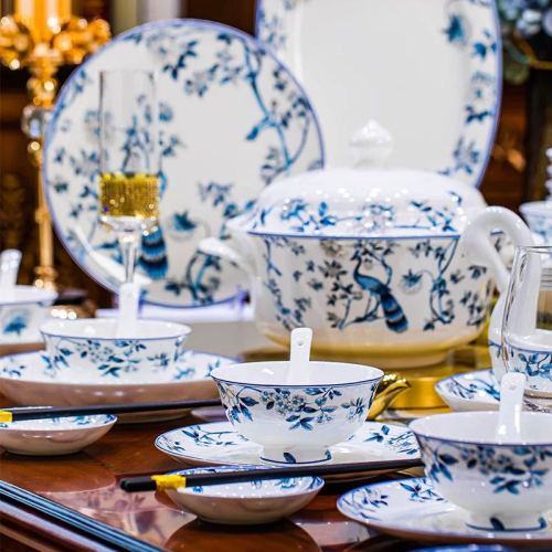 新款碗碟散件家用景德镇中式青花轻奢乔迁陶瓷碗筷高级感餐具60头