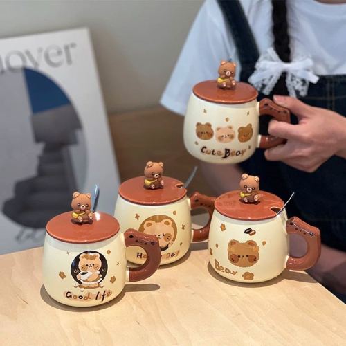 马克杯带盖勺办公室萌熊陶瓷杯子家用女生情侣咖啡杯可爱水杯礼物