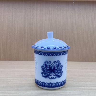 Jingdezhen Blue and White Tea Cup Ceramic with Lid Office Cup Conference Cup Household Water Cup Office Cup Gift