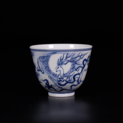 Zhongjia Kiln Ceramic Cup Jingdezhen Firewood Kiln Blue and White Hand Drawn Nuevedeer National Style High-End Master Cup Single Cup