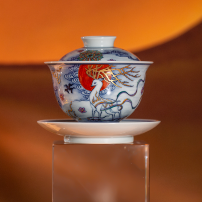Zhongjia Single High-Grade Tureen Jingdezhen Tea Set Wood Kiln Blue and White Hand Drawn Nuevedeer Red Shengguang Three-Piece Tea Bowl