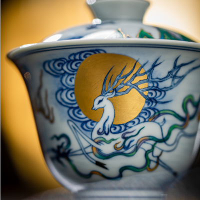 Zhongjia Kiln Porcelain Gaiwan Jingdezhen Chai Kiln Blue and White Hand Drawn Gold Painting Nuevedeer Second Only Cover Teacup Tea Brewing Bowl
