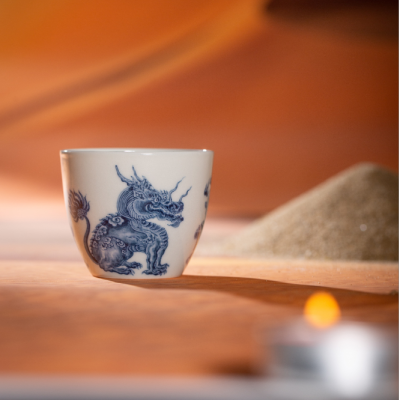 Zhongjia Kiln Tea Cup Ceramic Jingdezhen Small Teacup Handmade Blue and White Wood Kiln Dunhuang Auspicious Beast Shoubaolong Master Cup
