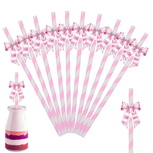 现货跨境20支蝴蝶结纸吸管蛋糕插件插牌派对烘焙装饰布丁瓶粉色