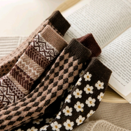 ethnic style socks for women ins wool vintage diamond lattice autumn and winter thickening mori style artistic warm mid-calf length socks long socks