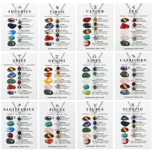 欧美新款石头串珠项链不锈钢链条方钠石紫晶虎眼石12星座锁骨链女