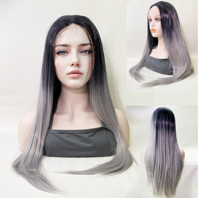 Factory Supply Wig Female High-Temperature Fiber Front Lace Wig Seamless Invisible Long Straight Hair Gradient Black Gray Head Cover