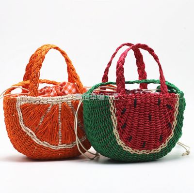 New Portable Straw-Weaved Bag round Barrel Woven Bag Women's Beach Bag