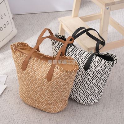 Xiaohongshu Same Style Fashion Women's Bucket Straw Bag Korean Retro Handbag Simple Holiday Shoulder Bag