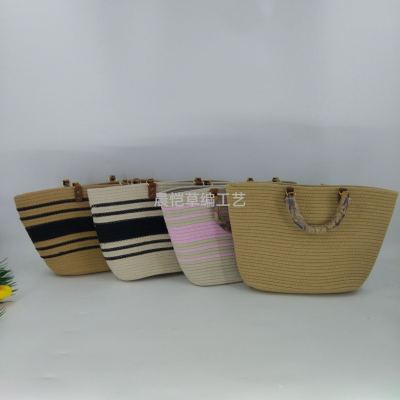 Temperamental Popular Women's Woven Bag 2024 New Fashion Tote Bag Stitching Shoulder Large Capacity Bamboo Hand Bag