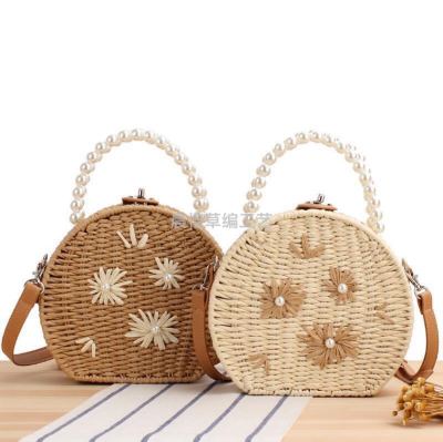 New Trendy Korean Straw Plaited Fashion Small round Bag Internet Celebrity Embroidered Pearl Woven Bag Fashion Messenger Bag